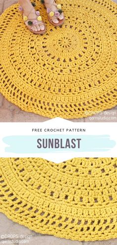 a yellow crochet rug with the words sunblast on it and a woman's feet in sandals