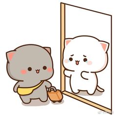 a cat looking at itself in the mirror with another cat standing next to it and holding a purse