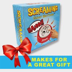 a box with a red bow around it and the words screaming goat button on it