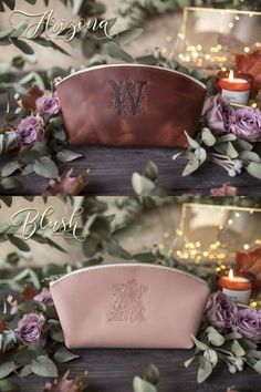 three different types of purses with flowers and candles in the background, one is pink