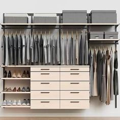 an organized closet with drawers and shoes