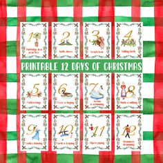 the twelve days of christmas cards with numbers and symbols in red, green and white