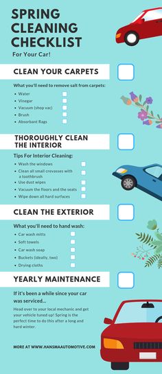 a car is shown with the words, spring cleaning checklist for your car's