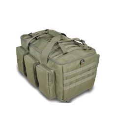 an olive green bag with multiple compartments