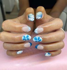 Gel Nail Ideas Natural Nails, Costal Nail Designs, Summer Blooming Gel Nails, Nail Art Designs Blooming Gel, Hoco Nail Designs, Ffa Nails Ideas Blue Gold, Nails Beginners, Gel Nail Inspiration, Short Blooming Gel Nails