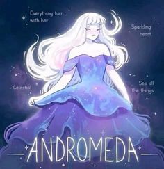 an image of a woman in a blue dress with the words andromeda written on it