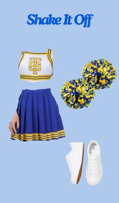 a blue and yellow cheerleader outfit is shown with white shoes, a pair of sneakers, and a pom - pom