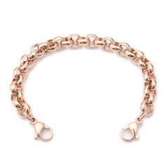 Durable, Rose Gold stainless steel, Rolo link medical ID bracelet strand that features stainless steel clasps on both ends. Available in 5 Sizes! Attach this bracelet to a medical ID tag. Tags are sold separate, or attach your own tag. Tag sizes vary Usually between 1.25" - 2" in length.Please add the tags length to the strand to achieve your overall length. If your tag is 1.5" long attaching it to a 6" strand your total length will be 7.5". Strand Measures  5 inches   (Child/Youth/Small Adult)S Rose Gold Link Chain Bracelet With Lobster Clasp, Metal Rose Gold Bracelet With Solid Link Construction, Classic Rose Gold Metal Chain Bracelet, Rose Gold Metal Bracelet With Lobster Clasp, Rose Gold Link Bracelets With Lobster Clasp, Modern Hypoallergenic Rose Gold Bracelet, Hypoallergenic Rose Gold Metal Bracelet, Emergency Bracelet, Interchangeable Bracelet