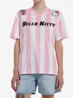 Score big with your Sanrio fave! This Hello Kitty striped soccer jersey will have you lookin' like a goal-getter. It features Hello Kitty icons on the shoulders and her name printed across the chest  plus jersey numbers on the back with Hello Kitty in a cute pose.100% polyesterWash cold; dry lowImportedListed in junior sizesModel is 5'10"Model wears size Medium Pink Volleyball Jerseys, Hello Kitty Jersey, Sanrio Inspired Outfit, Hello Kitty Soccer, Hello Kitty Products, Hello Kitty Stuff, Hello Kitty Icons, Cute Jersey, Jersey Numbers