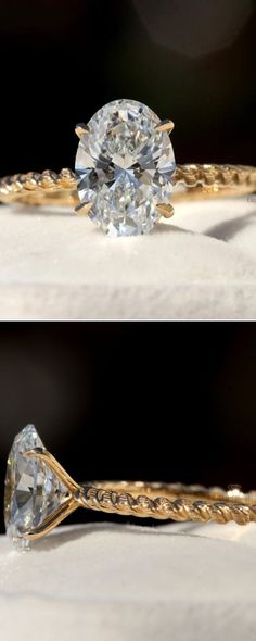 two views of an engagement ring with a diamond in the center and on the side