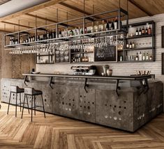 an industrial style bar with stools and shelves