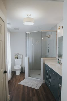 a bathroom with a walk in shower next to a white toilet and wooden flooring