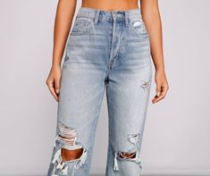 Give your jeans an edgy feel with trendy destructed deets! These boyfriend jeans feature a high-rise waist. distressed detailing at the knees. and a relaxed boyfriend fit. The medium wash denim fabric offers minimal stretch. Complete the look with a chic corset top.Fit & Features High-rise waist Five-pocket and belt loop design Multi button-down front closure Boyfriend fit Distressed detailing. slits at the knees Medium wash denim fabric. minimal stretch. relaxed fit Runs true to size Loop Design, School Clothes, Back To School Outfits, Boyfriend Fit, Denim Fabric, School Outfits, Corset Top, Ripped Jean, High Jeans