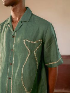 The Green Twin Fish linen shirt features a hand-embroidered katha pattern of two fish with border details on the sleeves. Made from 100% European linen, this shirt boasts an intricate and unique design. Embroidery Shirt Men, Embroidered Linen Shirt, Fish Shirt, One Fish Two Fish, Men Fashion Casual Shirts, Two Fish, One Fish, Linen Shirt Men, Embroidery On Clothes