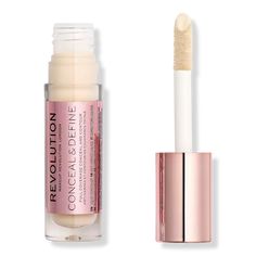 Conceal & Define Full Coverage Concealer - Makeup Revolution | Ulta Beauty Make Up Concealer, Color Correcting Concealer, Vegan Art, Makeup Revolution London, Fixing Spray, Makeup Tip, Correcting Concealer, Corrector Concealer, Full Coverage Concealer