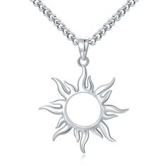 PRICES MAY VARY. 925 Sterling Silver: Sun Pendant is crafted of 92.5% sterling silver. Stainless steel cuban link chain. Exquisite polishing process, high polished, will not appear dull after a long time wearing. It's nickel-free, lead-free, and hypoallergenic making this a great choice for those with very sensitive skin. Size: Pendant measures 1”. 3MM wide cuban link chain length: 22’’ in length with a 2" Extender. Chain length adjustable from 22" to 24". Symbol meaning: The sun is an emblem of Sterling Silver Sun Pendant, Pendants With Stones, Sun Necklace Silver, Pendant Ideas, North Star Necklace, Pentagram Pendant, Necklace Packaging, Sun Necklace, Photo Locket Necklace