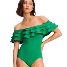 The Kate Spade Ruffle One Piece Swimsuit Is Ready To Board The Plane No Matter Where You're Headed! With An Off The Shoulder Ruffle Neckline, You'll Never Want To Take This Swimsuit Off. Ruffle One Piece Off The Shoulder Removable Cups Detachable Adjustable Strap Swimsuit Fabric: 85% Nylon, 15% Spandex Hand Wash Cold, Line Dry Elegant One Pieces For Spring Swimming, Elegant Pool Bodysuit For Spring, Elegant Bodysuit For Pool And Spring Season, Spring Ruffled One-pieces For Poolside, Chic One-pieces With Ruffles For Summer, Elegant Spring Bodysuit For Pool, Chic Ruffled One-piece For Summer, Chic Ruffled Bodysuit For Vacation, Elegant One-piece For Spring Vacation