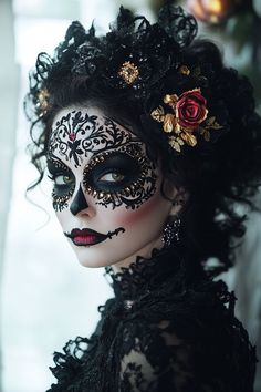 Glamour Skull Makeup, Halloween Cute Makeup Ideas, Halloween Makeup 2024 Trends, Mexican Sugar Skull Makeup, Day Of The Dead Halloween Makeup, Dia De Muertos Costume Ideas, Catrina Makeup Ideas, Easy Catrina Makeup, Sugar Skull Makeup Pretty