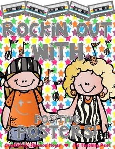 two children are holding hands with the words rockin'out with positive posters above them