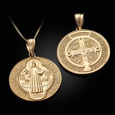 Solid Gold Saint Benedict Reversible Medal Cross Pendant Necklace. Available as pendant or necklace. Metal color: Yellow gold, White gold, Rose gold, 2-Tone Gold. Gold purity available: 10k & 14k. Pendant weight: ≈3.4 g. (10k); ≈4 g. (14k). Pendant height (w/ bail): 1.15" (29 mm). Pendant width: 0.84" (21 mm). Finish: polished. Back: solid. Bail opening: 3 mm. Chain length Symbolic Medallion Jewelry For Commemoration, Symbolic Round Pendant Jewelry For Commemoration, Symbolic Round Pendant For Commemoration, 14k Stamped Round Spiritual Pendant, 14k Stamped Round Pendant Spiritual Jewelry, Symbolic Rose Gold Jewelry Stamped 14k, Symbolic Rose Gold 14k Jewelry, Saint Benedict Medal, Benedict Medal