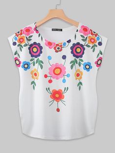 White Casual  Cap Sleeve Polyester Floral  Embellished Slight Stretch Summer Women Tops, Blouses & Tee Lilly Pad, Boho Chique, Casual Cap, Women T Shirts, Shein Style, Batwing Sleeve, Women Tops, Cap Sleeve