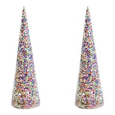 two small glitter cone shaped vases sitting side by side