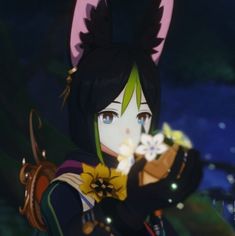 an anime character with green hair and ears holding a flower in her hand while looking at the camera