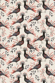 a pattern with birds and berries on it