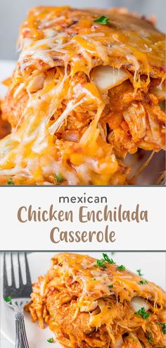 mexican chicken enchilada casserole on a white plate with a fork