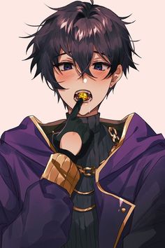 an anime character with black hair and blue eyes wearing a purple outfit, holding his finger up to his mouth