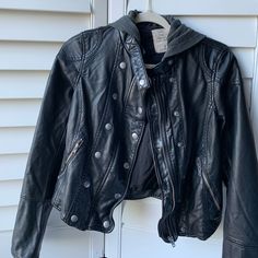 Perfect Condition, New With Tags, & Never Worn. Casual Gray Leather Jacket For Fall, Black Hooded Biker Jacket For Spring, Edgy Gray Winter Outerwear, Gray Long Sleeve Leather Jacket For Spring, Free People Leather Jacket, Vegan Leather Jacket, Free People Jacket, Free People Black, Leather Jackets