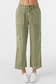 O'Neill Girl's pull-on woven pant 22'' Inseam Length, 10'' Rise Length Encased Elastic Waist Cargo Pockets Slash Pockets at Hip 100% Viscose Crinkle | O'Neill Girl's Summer Cargo Pants in Oil Green, Size XL, Viscose Spring Relaxed Fit Cargo Bottoms, Spring Cargo Style Relaxed Fit Bottoms, Relaxed Fit Cargo Bottoms For Spring, Spring Utility Jeans With Elastic Waistband, Khaki Summer Cargo Pants, Green Pull-on Straight Pants, Green Tapered Leg Pants With Pull-on Style, Spring Utility Pants With Elastic Waistband, Olive Bottoms With Elastic Waistband For Spring