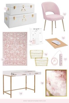 pink and gold office space with accessories