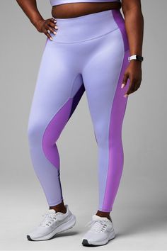 Motion365+ High-Waisted Shine Legging Fabletics purple female Activewear >> Womens >> Bottoms >> Leggings >> Full Length Motion365 plus Running/Training 4-Way Stretch/Moisture-Wicking/UPF Protection Sporty Purple Tights For Sports, High Waist High Stretch Purple Bottoms, Lavender Stretch Leggings For Workout, Sporty Purple Training Leggings, Lavender Stretch Leggings For Yoga, Purple Fitted Sports Tights, Sports Fitted Purple Tights, Fitted Purple Sports Tights, Purple Compression Full-length Tights