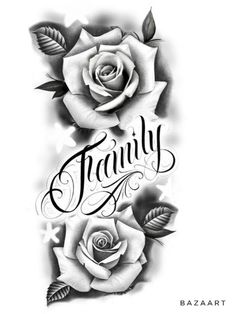 a black and white rose tattoo with the words family on it