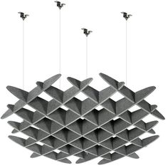 an artistic chandelier made out of concrete blocks with five lights hanging from the ceiling