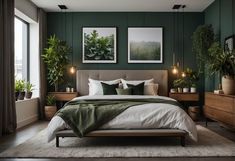 a bedroom with green walls and plants on the nightstands in front of the bed