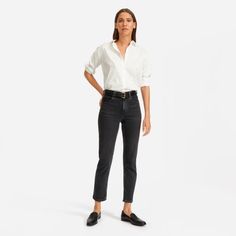 Everlane Versatile Fitted Jeans For Business Casual, Fitted Straight Everyday Pants, Fitted Classic Jeans For Business Casual, Classic High Rise Pants For Everyday, Classic Fitted Jeans For Business Casual, Everlane Classic Fitted Bottoms, Fitted Classic Everlane Bottoms, Classic Fitted Everlane Bottoms, Classic Everlane Bottoms For Fall