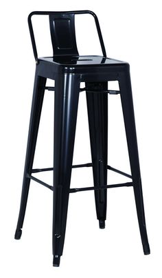 the backless metal stool is black and has a square seat on one side, while the