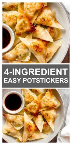 four different types of dumplings on plates with dipping sauces and the words 4 ingredient easy