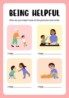 a poster with the words being helpful and pictures to help children learn how to use them