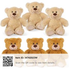 four brown teddy bears sitting next to each other with qr code in front of them