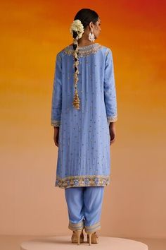 Blue kurta with sequins, dabka, nakshi and zari hand embroidery. Paired with a matching plain pant with embroidered hemline and an embroidered contrasting dupatta. - Aza Fashions Blue Embellished Salwar Kameez For Navratri, Blue Kurta, Kurta Pant Set, Plain Pants, Women Kurta, Straight Kurta, Kurta With Pants, Set Women, Full Sleeves