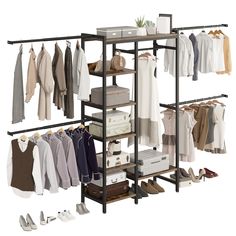 a rack with clothes and shoes on it