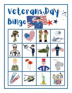 an image of veterans day bingo game with pictures and words on the front cover for children's activities