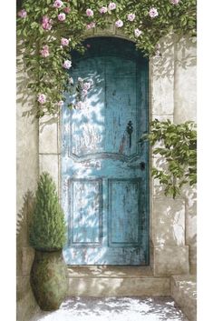 a painting of an open blue door with pink flowers on it and a potted plant in the foreground