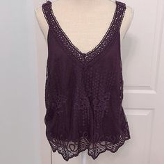 Nwt Rue 21 Plum Color Embroidered Camisole. Lining Stitched At The Top, But Hemmed And Unattached At The Bottom, Allowing Embroidered Netting To Flow Over It. Crochet Lace Straps And V In Front And Back. This Is Gorgeous!!! Photos Do Not Do It Justice!! Wear It With A Pair Of White Capris And A Pair Of Plum Slides Stunning!!! Size Xl Bust - 40” Waist - 41” Hip - 45” Length - 25” Sleeveless Crochet Top With Floral Embroidery For Summer, Sleeveless Crochet Top With Floral Embroidery For Beach, Fitted Purple Embroidered Tops, Casual Sleeveless Crochet Top With Floral Embroidery, Sleeveless Casual Crochet Top With Floral Embroidery, Floral Embroidery Sleeveless Crochet Top For Beach, Floral Embroidered Sleeveless Crochet Top For Beach, Casual Embroidered Camisole Tank Top, Purple Floral Embroidery Beach Top