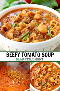 beefy tomato soup with pasta in a white bowl