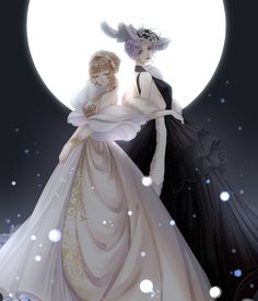 two women dressed in evening gowns standing next to each other under a full moon