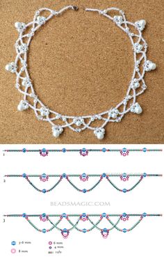 the instructions to make a crocheted necklace with beads and pearls on it, including two